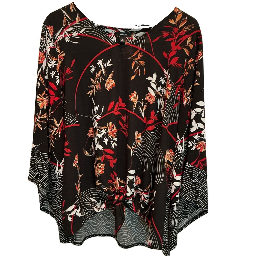 Alfani Black Red Floral V-Neck Long Sleeve Tunic Blouse Tie Front Extra Large